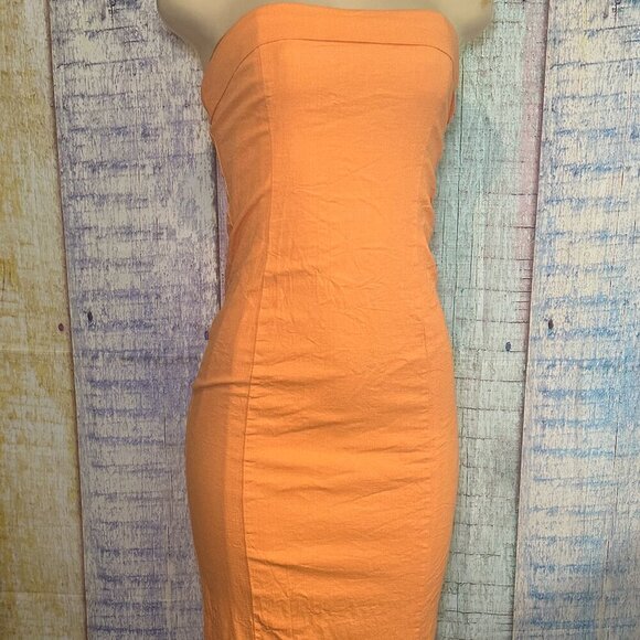 Women’s Orange Idem Ditto Strapless Fitted Midi Large Dress Back Zipper & Slit - Picture 4 of 9